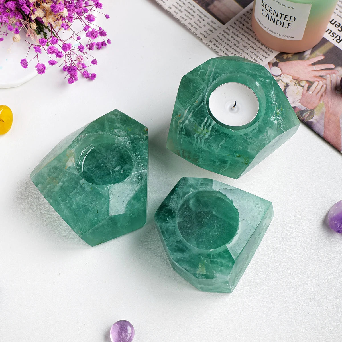 1pc Natural Crystal Raw Stone Irregular Green Fluorite Rough Candlestick Smokeless Candle Home Decoration