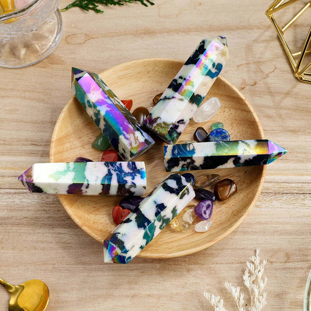 Natural Crystal Quartz Tower Healing Wand Stone Point Zebra stone Aura Rainbow Color  Figurine Meditation Therapy