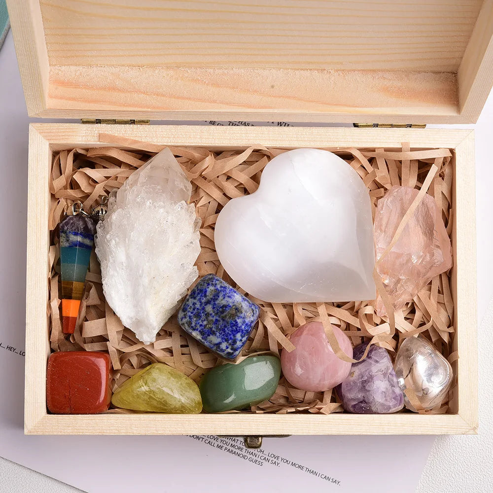 Hot Selling Chakra Stone Box Crystal Healing Stone Energy Collection Wooden Box Set