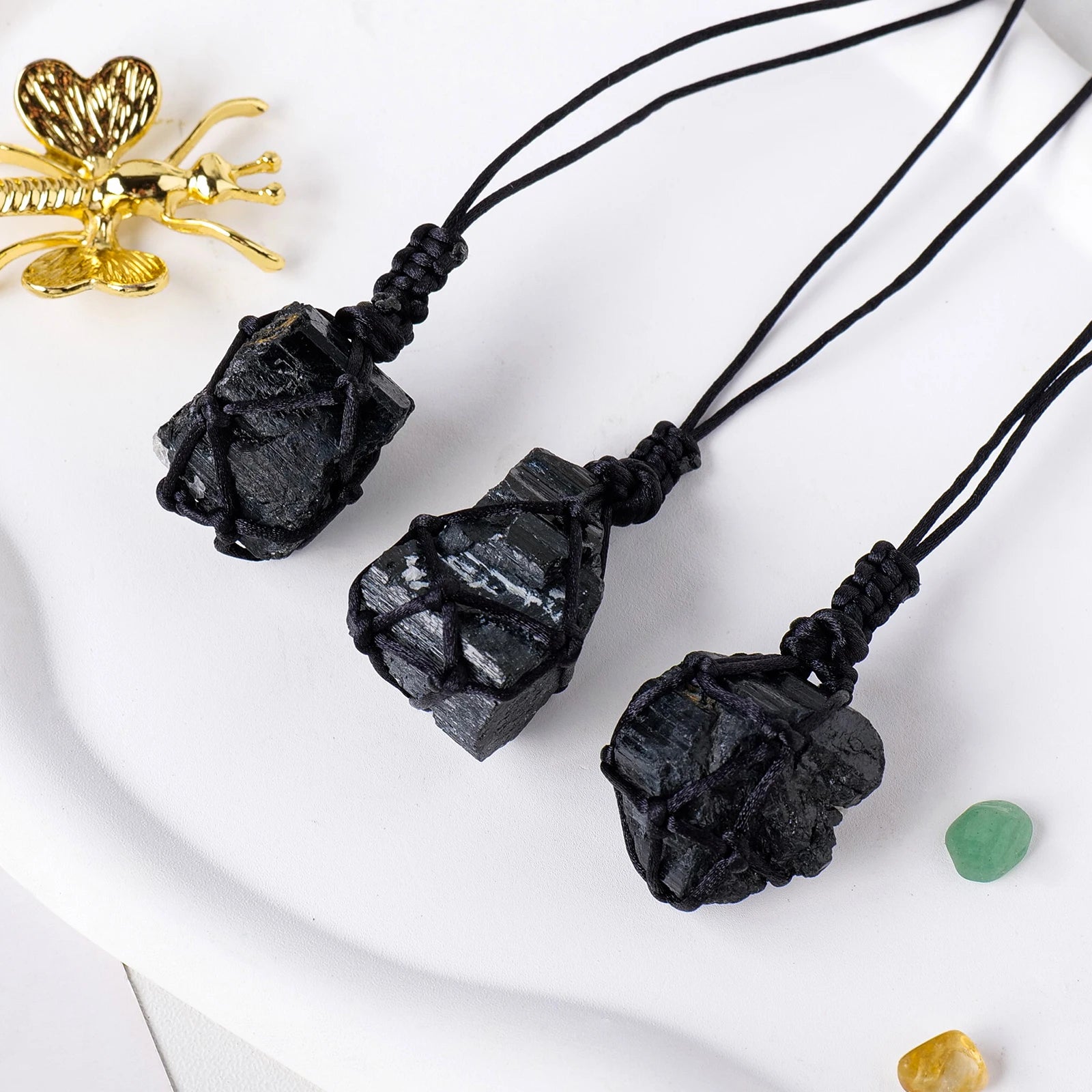 1PC Natural Crystal Black Tourmaline Raw Stone Unpolished Jet Stone Net Bag Pendant Necklace For Men's Gifts