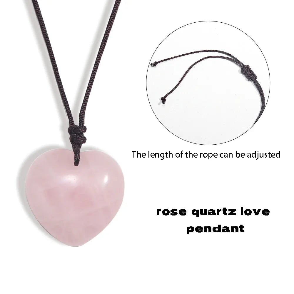 1PC Natural Rose Quartz Gemstone Heart Shape Pendant Love Shape Energy Necklace jewelry Reiki Beloved Female Mom Mother's Day