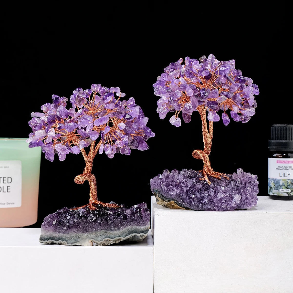 1PC Natural Crystal Lucky Tree Copper Winding Amethyst Cluster Base Energy Collection Home Decoration Money Tree