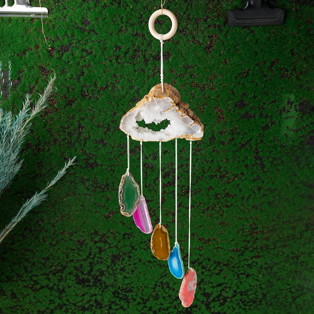 1PC Natural Agate Cluster Cloud Shape Clear Quartz Colorful Agate Slices DIY Wind Chime Pendant Wall Decoration