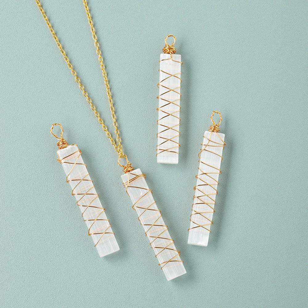 Handmade 1pc Natural Healing Raw Stone White Selenite Gold Chain Pendant Reiki Energy Crystal Necklace Men Women Jewelry Gift