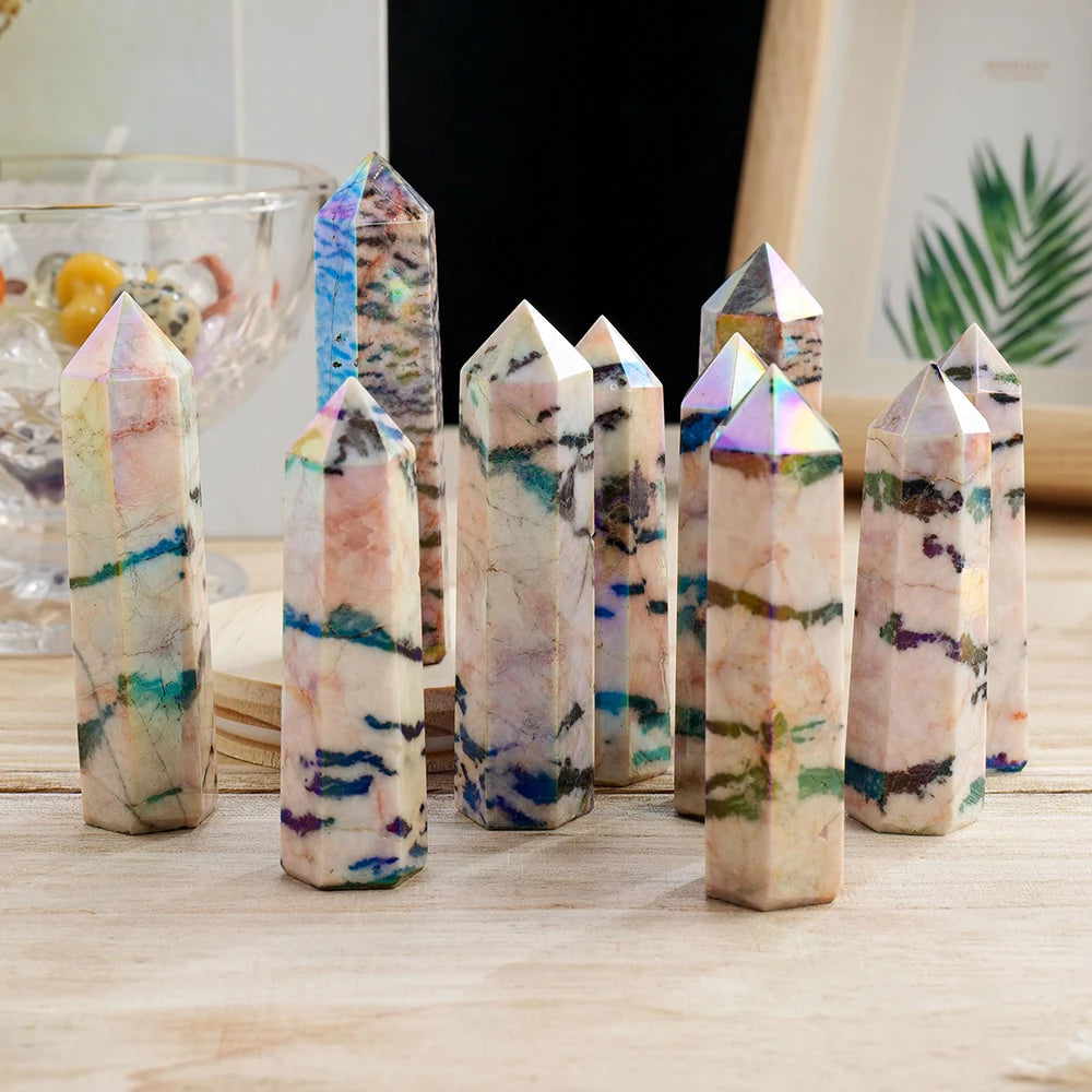 Natural Crystal Wands Pink Zebra Stone Aura Rainbow Point Healing Six Faceted Reiki Chakra Stones Prism for Home Decor