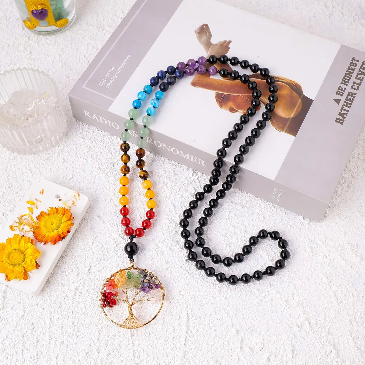 1pc Natural Crystal Pendant Tree Of Life Necklace 108 Crystal Holiday Style Gem Jewelry Sweater Chain Energy Colorful Women Gift