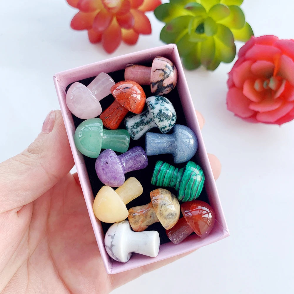 12PC Natural Crystal Mini Mushroom Gift Box Energy Quartz Gem Decorative Mineral Collection Gift