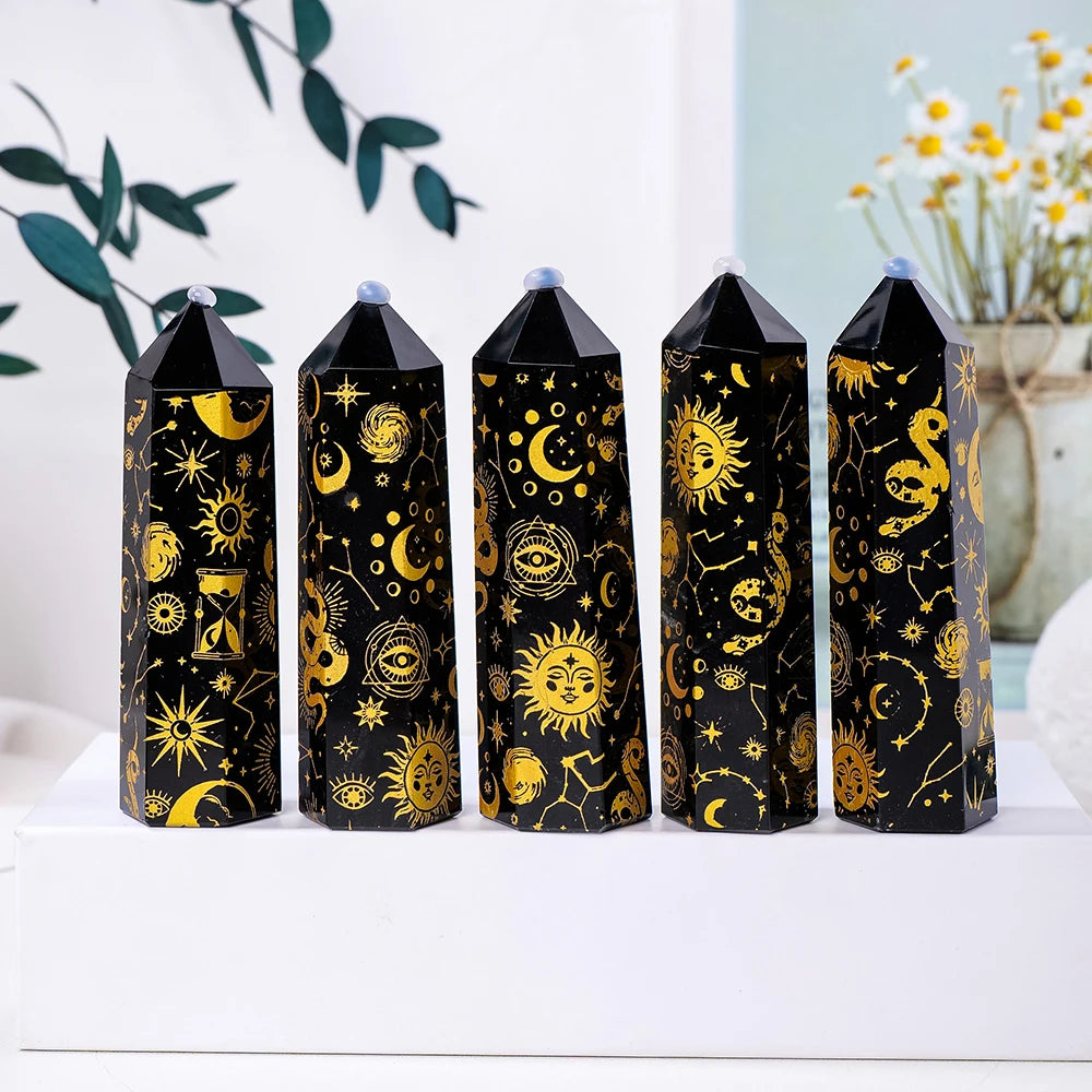 1PC Natural Black Obsidian Tower Chakra Point With Gold Star Moon Pattern Point Wand Healing Stone Energy Home Decor