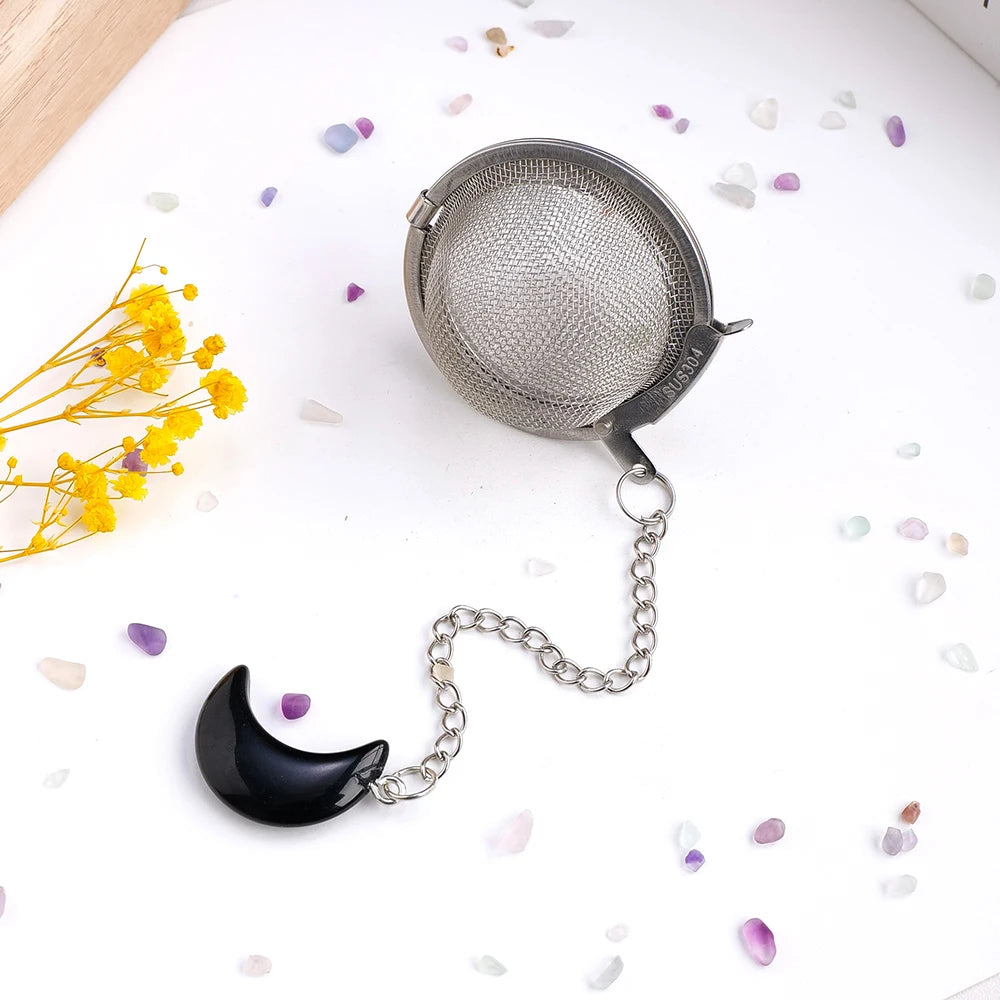 Natural Crystal Obsidian Stone Moon Shape Stainless Steel Tea Leak Proof Mesh Filter With Chain Teapot Infuser Spice Strainer