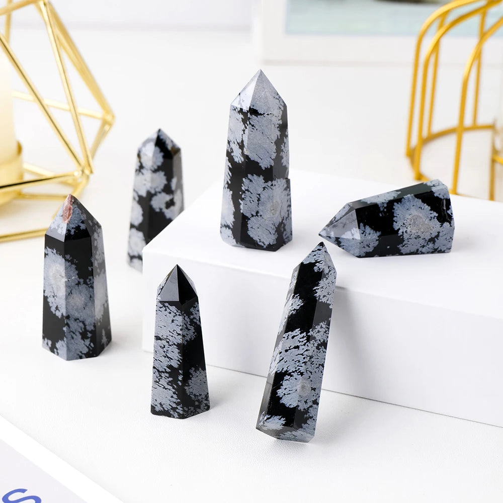 40-60mm Natural Crystal Point Healing Stone Black Snow Obsidian Hexagonal Prisms Obelisk Wand Stone Home Decor 1PC