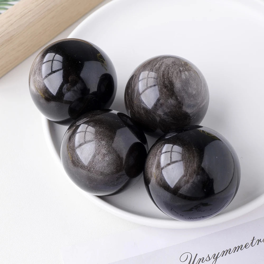 1PC Natural  Silver Obsidian Crystal Sphere Magic Ball Polished Globe Massaging Ball Reiki Healing Stone With Wooden Base