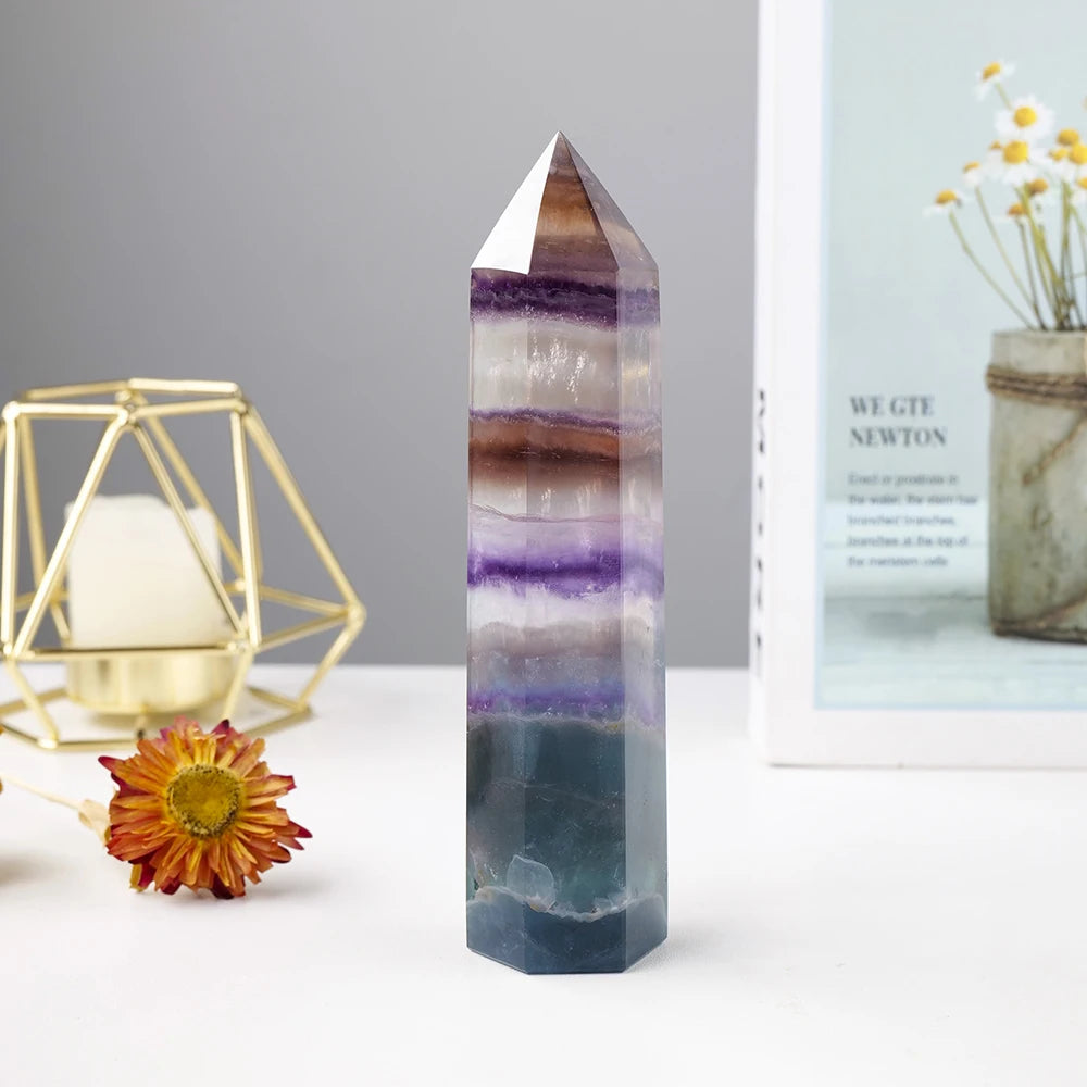 Natural  Purple And Green Striped Fluorite Big Crystal Wand Magic Point   Obelisk Quartz For Home Decoration