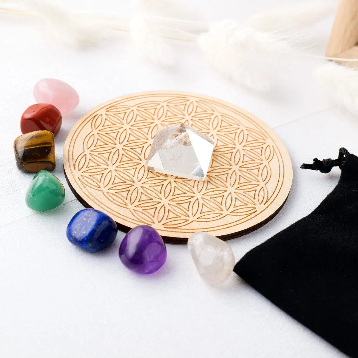 1SET Natural Seven Chakela Tumble Stone Clear Quartz Pyramid Healing Crystal Yoga Reiki Gemstone Gifts