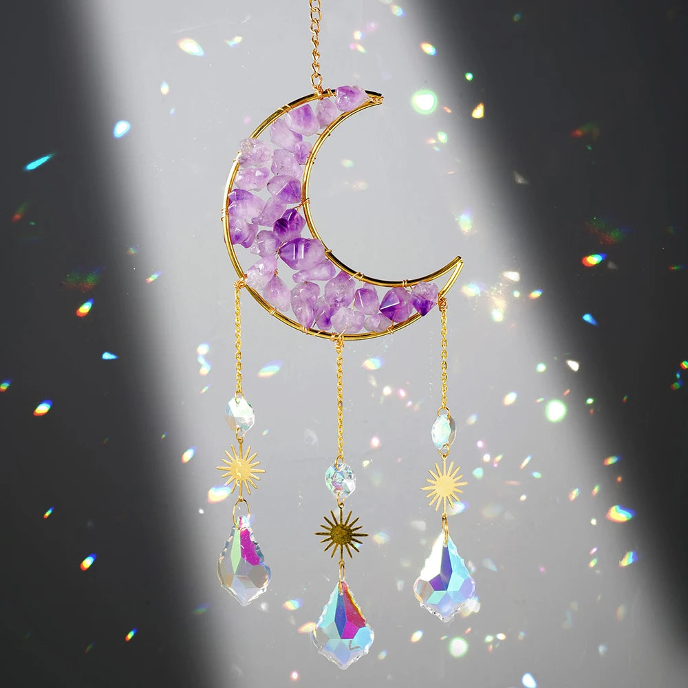 Natural Crystal Stones Handmade Amethyst Gemstones Gravels Sun Catcher Moon Pendant Hanging Ornament  For Lighting Decoration