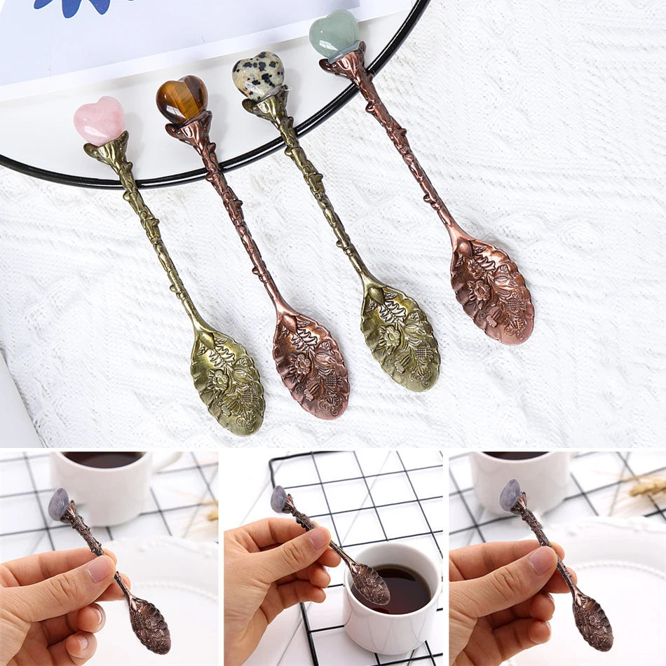 10pc/set Candy Spoon Set Natural Amethyst Heart Teaspoon Health Gem Decorated Aura Crystal Gift