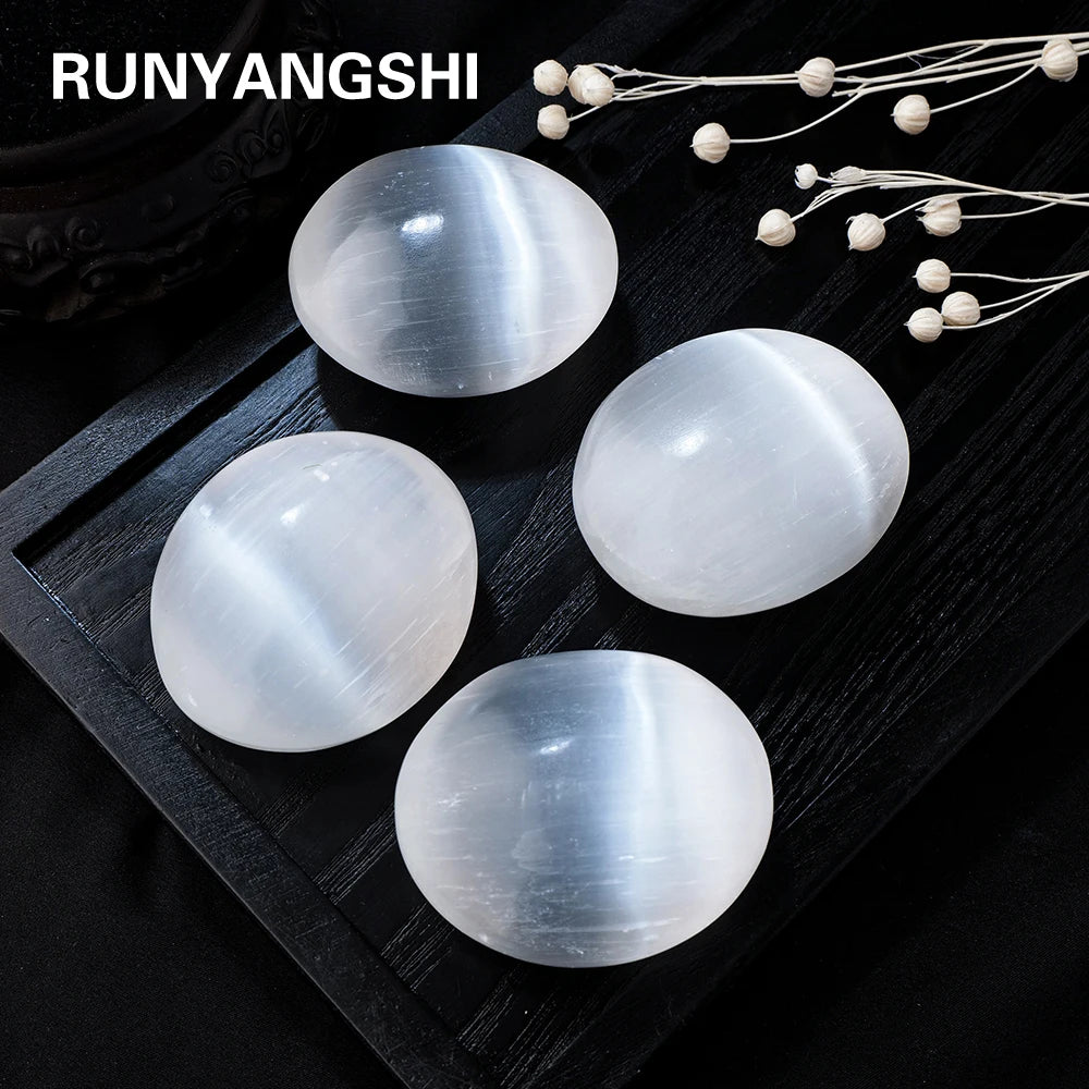 Natural White Selenite Crystal Palm Worry Stone Healing Crystals Mineral Palm Gemstone Hand Massage Tools