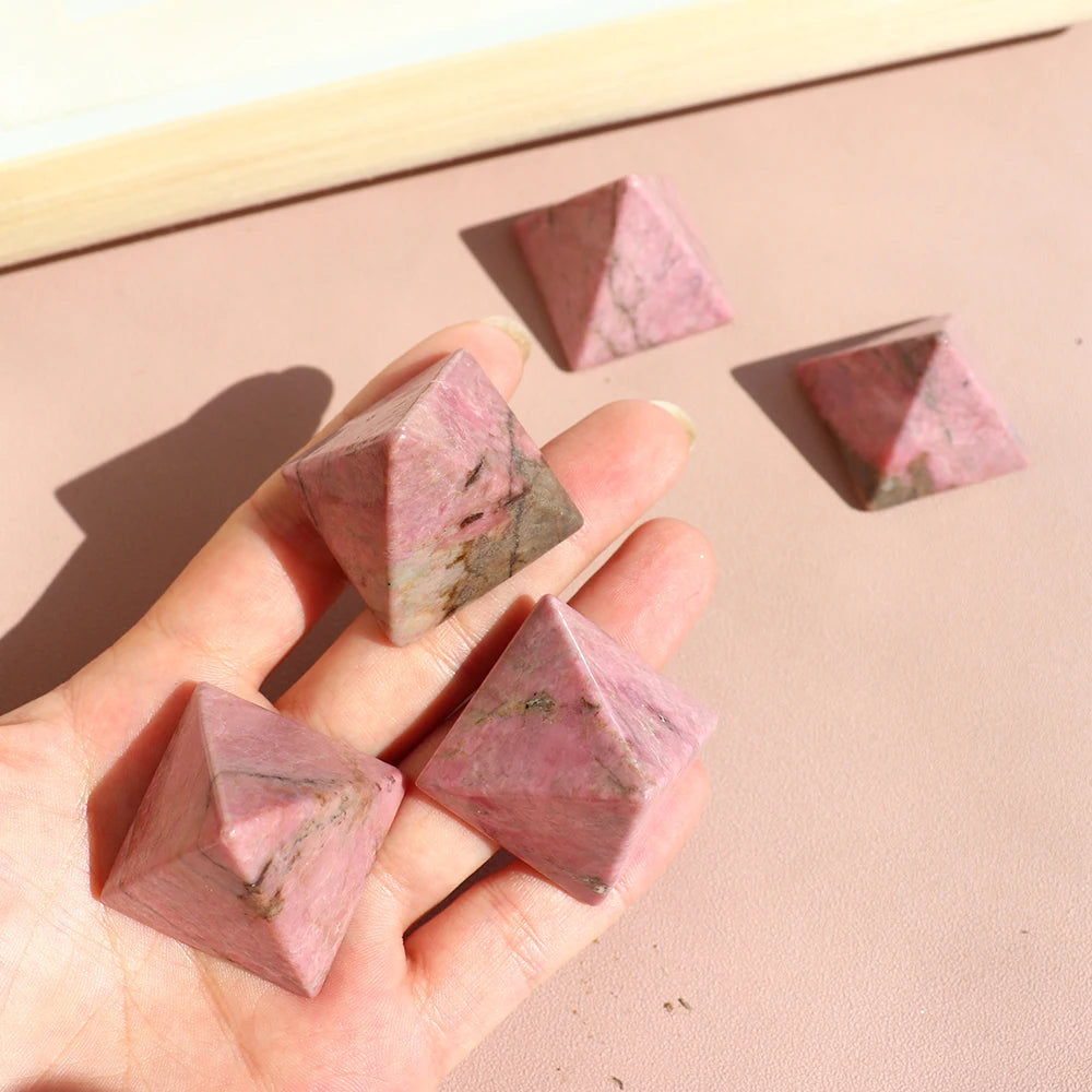 1PC Natural Crystal Stone Rose Pyroxene Crystal Pyramid Rhodonite Magic Point Crystal Tower Ornaments Health Decoration