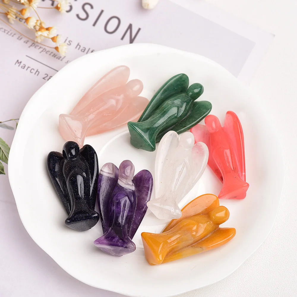 7pcs/set Natural crystal 2inches angel Hand carved craftsPatron Saint Cure Gemstone Home Decoration wood Gift DIY