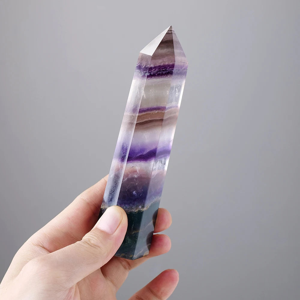 Natural  Purple And Green Striped Fluorite Big Crystal Wand Magic Point   Obelisk Quartz For Home Decoration