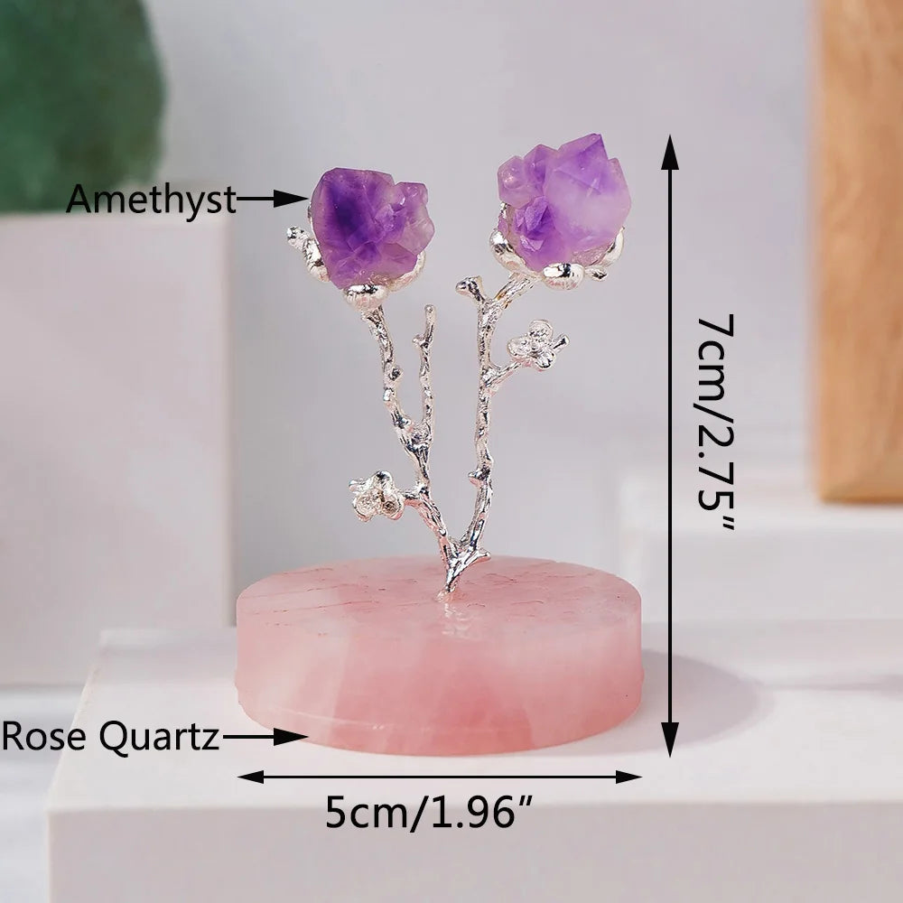 1pc Natural Amethyst Flowers Crystal Lucky Tree Rose Quartz Base Gemstone Reiki Chakra Feng Shui Trees Home Decor