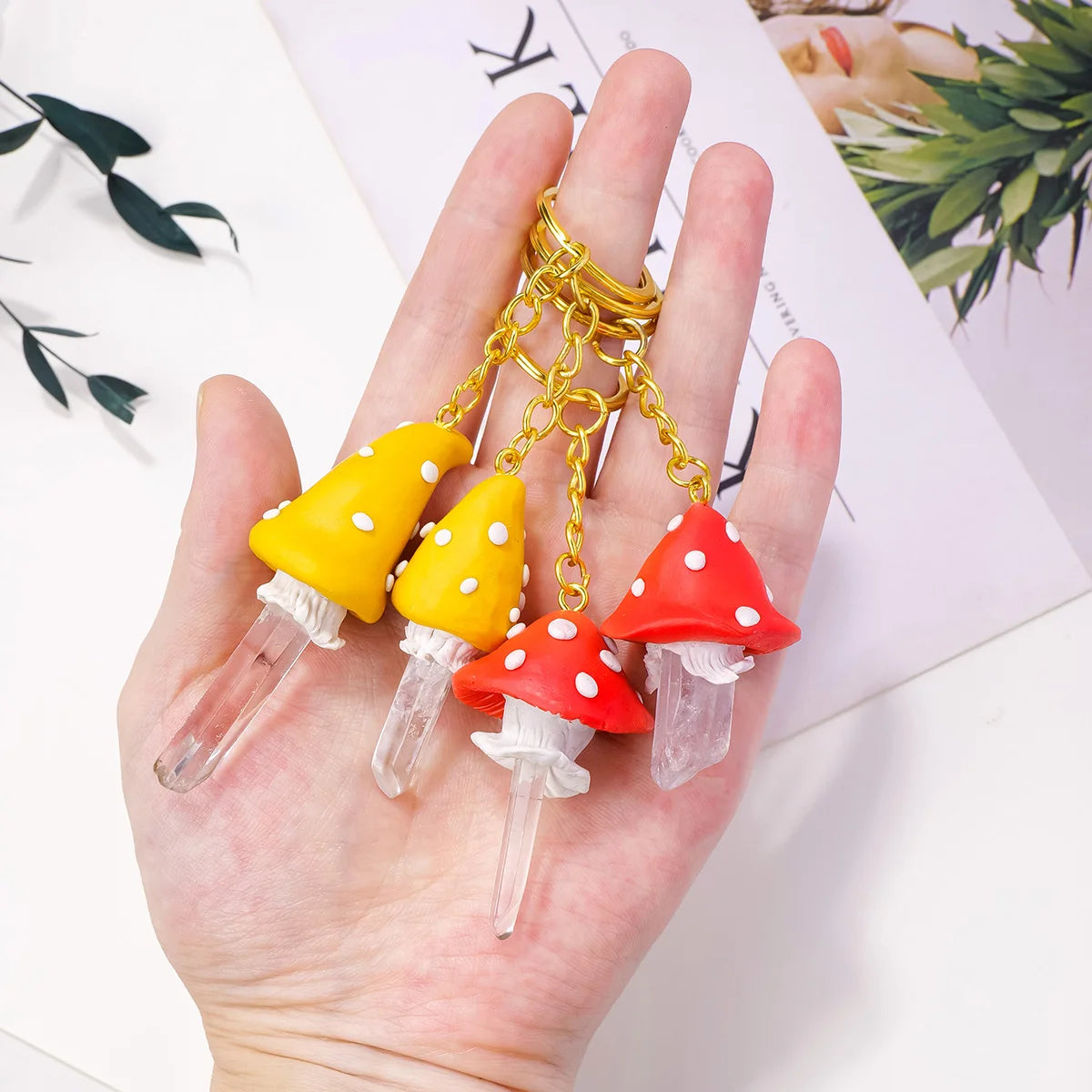 1PC Natural Gem Stone Keychains Clear Quartz Point Mushroom Key Chain For DIY Car Key Rings Chains