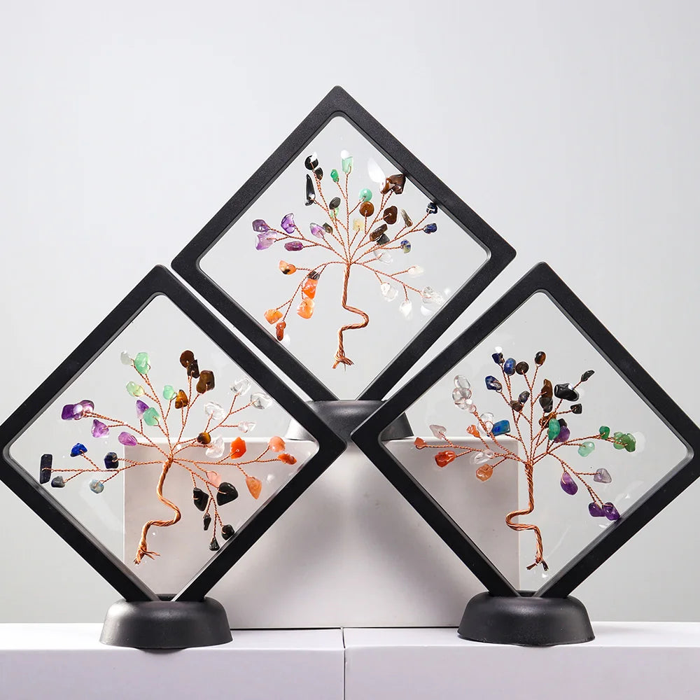 Natural Reiki Gemstones Lucky Tree Ornaments 7Chakra Tree Of Life Crystal Gravels Black Frame Fengshui Crafts Home Decor Gifts