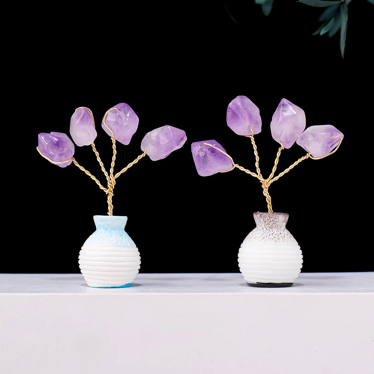 Natural Amethyst Tooth Flower Tree Vase DIY Handmade Mini Fortune Tree Home Desktop Car Decorative Crafts