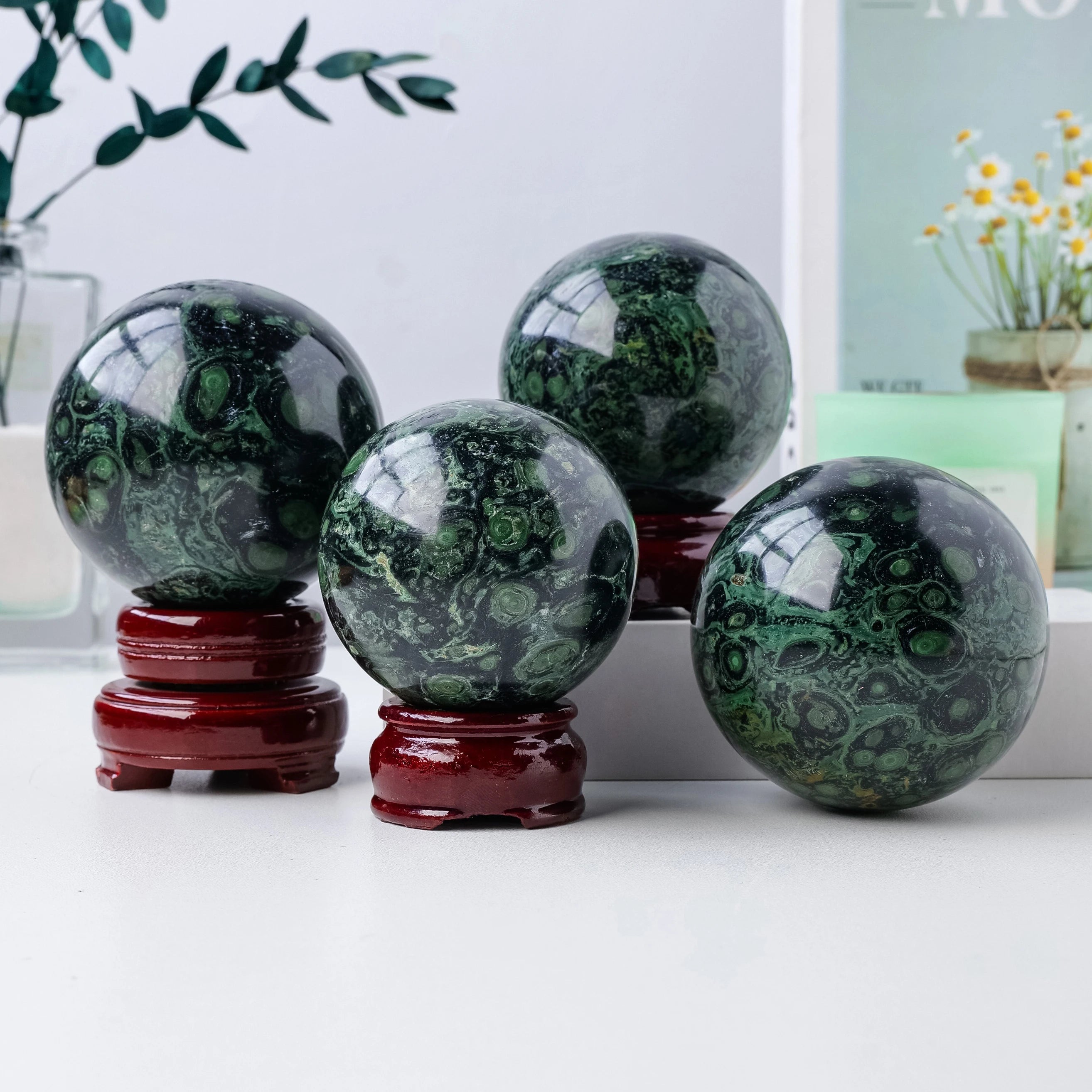 1PC Natural Polar Jade Crystal Ball Healing Crystals Sphere Peacock's Eye with Decorative Wooden Stand