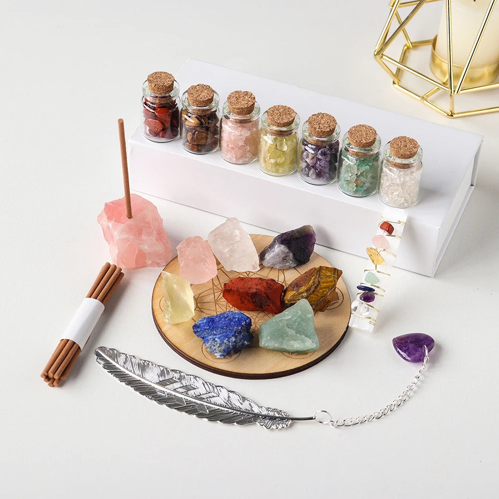 1set Natural Healing Gmstones Set Amethyst Rose Quartz Gravels Drifting Bottle 7chakra Raw Stone Aromatherapy Gift Box Set