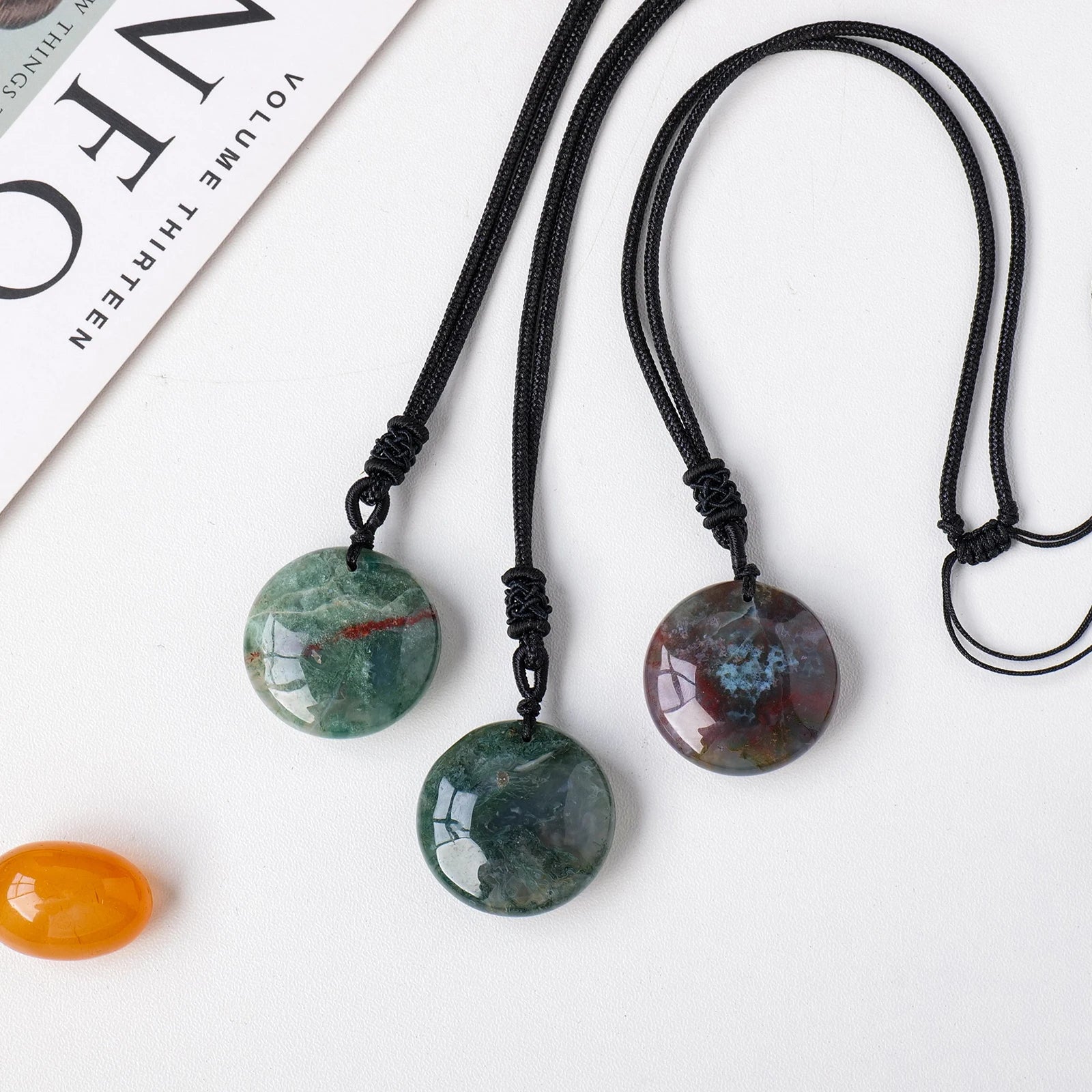 1PC Natural Moss Agate Round Pendant Crystal Original Reiki Healing Stone DIY Women's  Necklace Fashion Jewelry