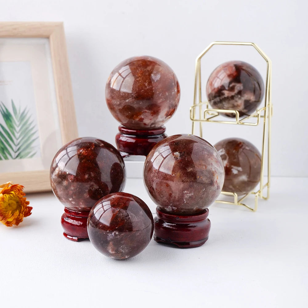 Natural Stone Red Glue Flower Crystal Ball Healing Sphere Collection Specimen FengShui Home Decor