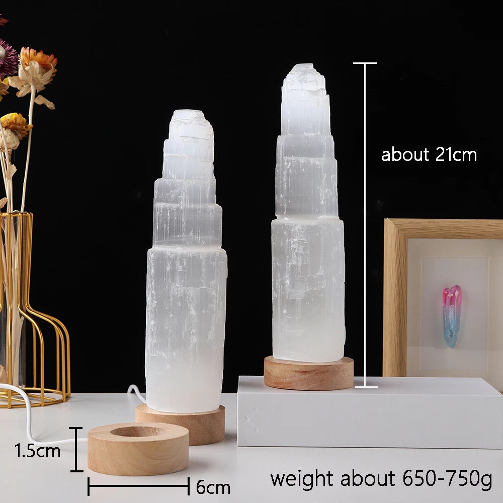 Natural White Selenite Tower Lamp Healing Mineral Specimen Collection Gypsum Ice Berg Carved Crafts Lamp Crystal Decoration Gift