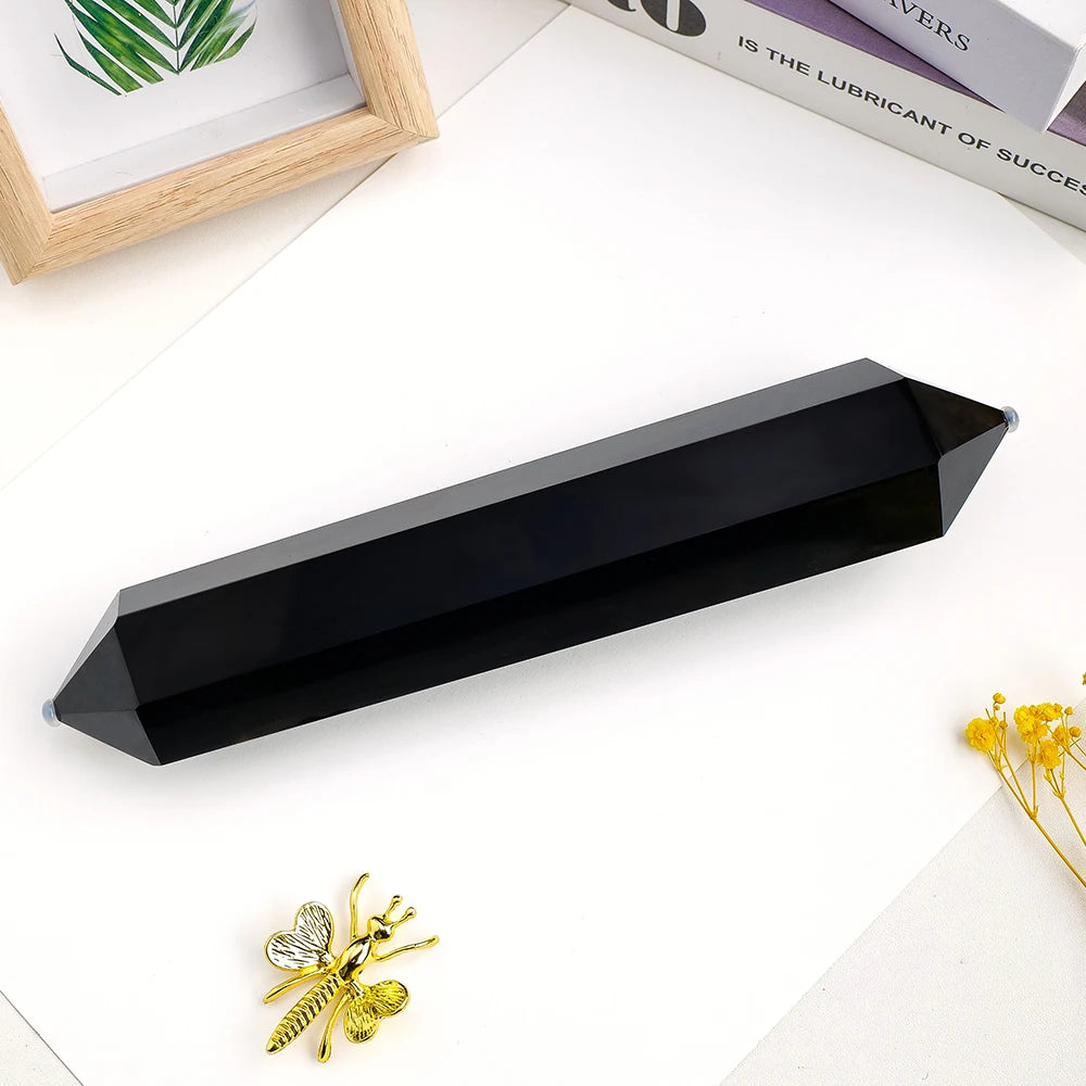 1pc Big Size Natural Black Quartz Obsidian Double Point Crystal Magic Wand Hexagonal Prism Column Reiki  Handcraft Decoration