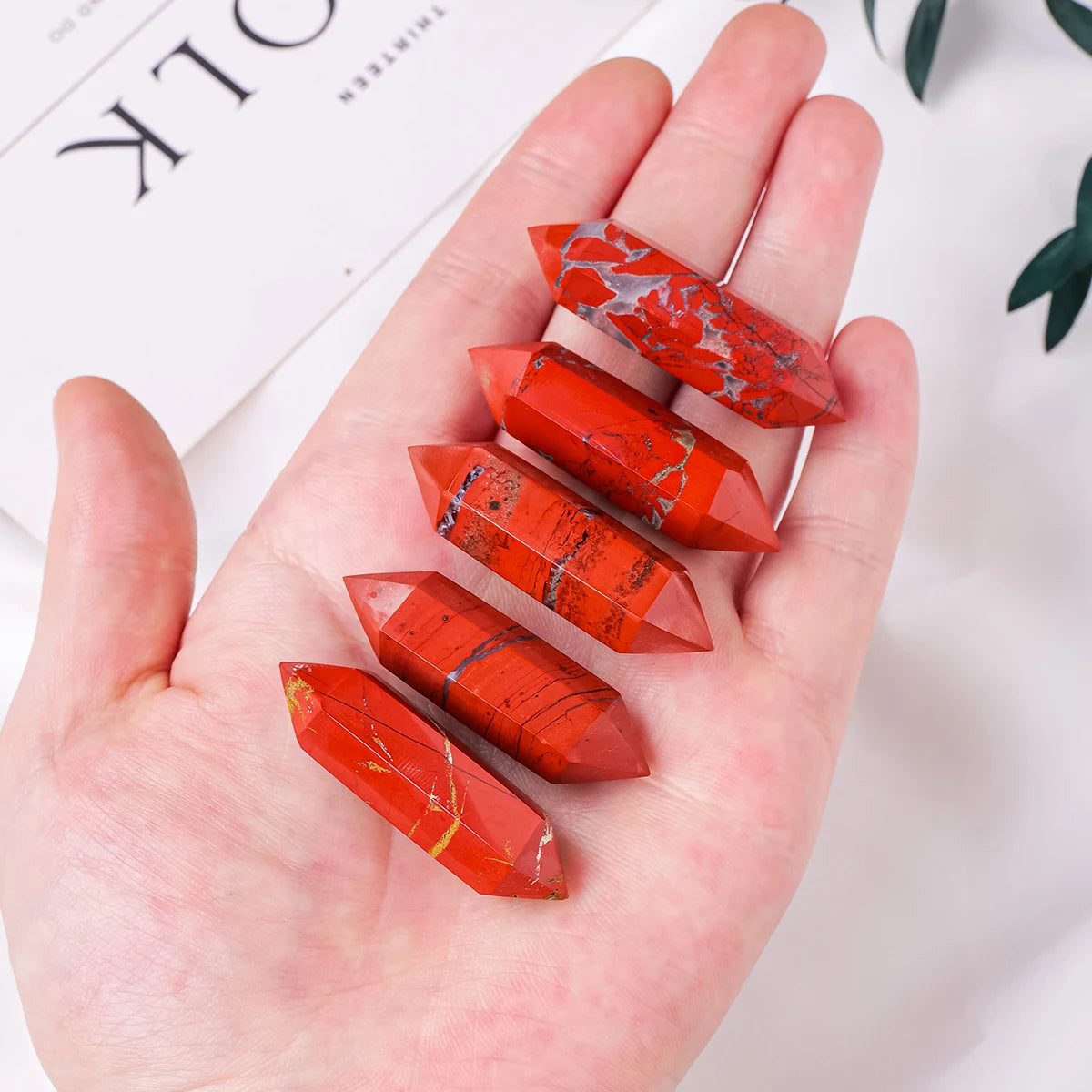 1PC Natural Crystal Red Jasper Hexagonal Prisms Double Point Wand Crystal Healing Stone Home Decoration