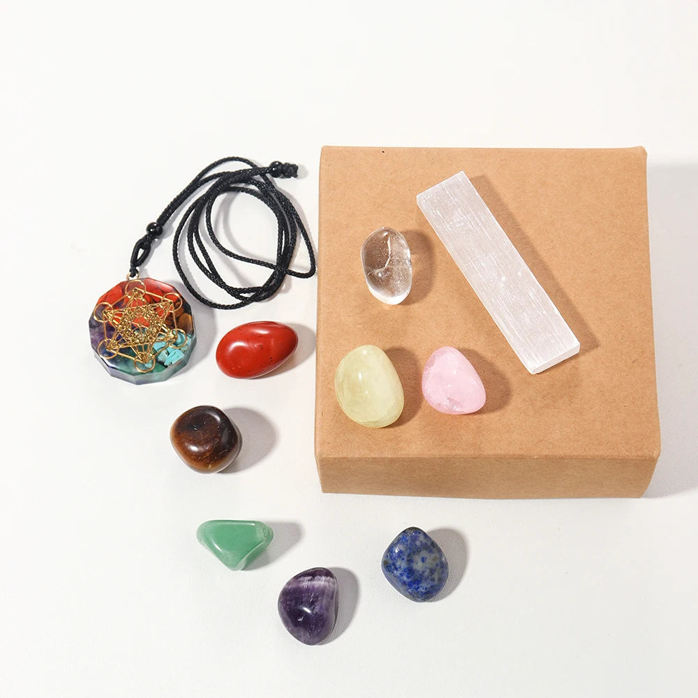 1set Natural Healing Gemstone White Selenite Seven Chakra Rolling Stone Raw Stone Pendant Yoga Gift Box