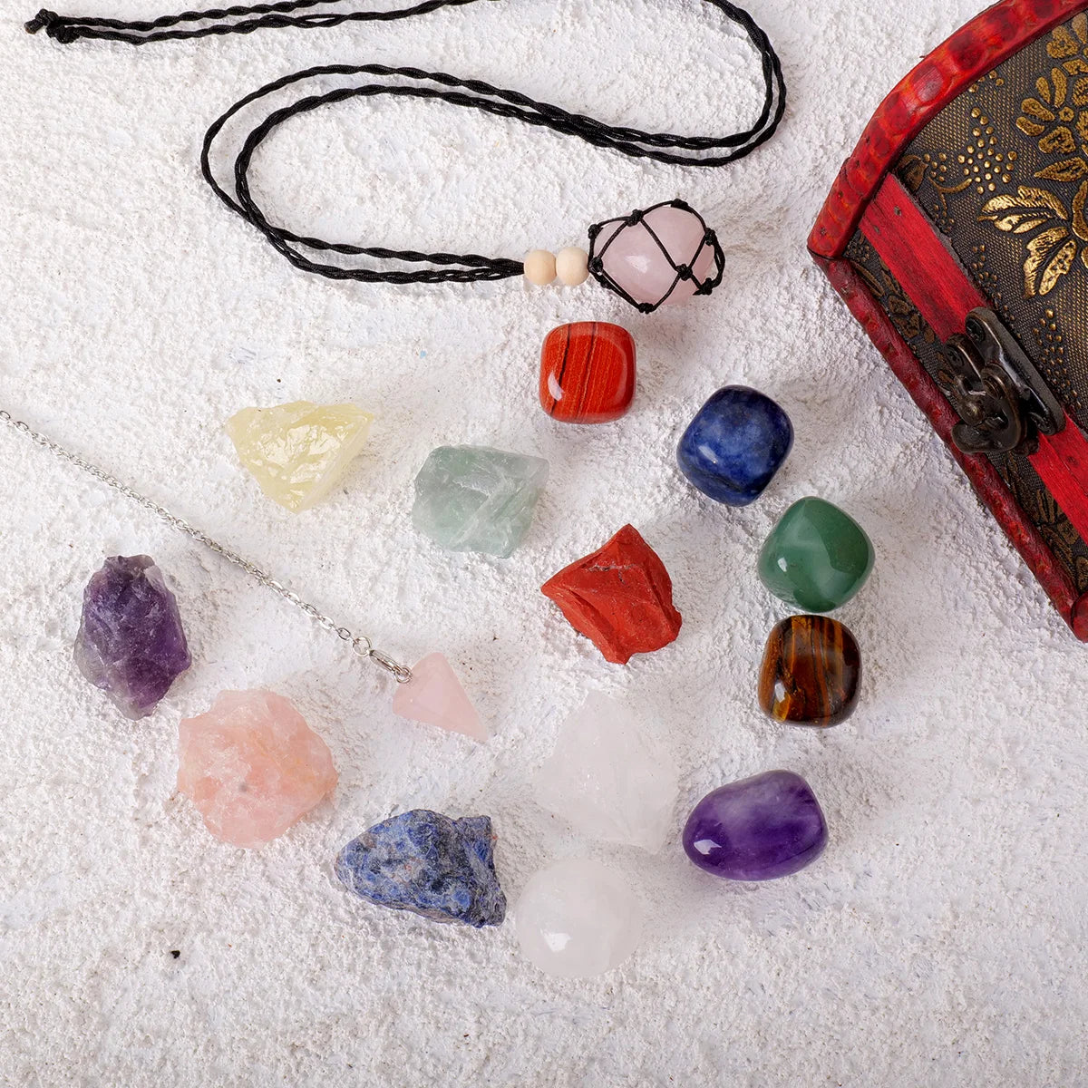 18pcs/set Hot Selling Chakra Stone Box Rolling Stone Pendant Crystal Healing Stone Energy Collection Treasure Box Set