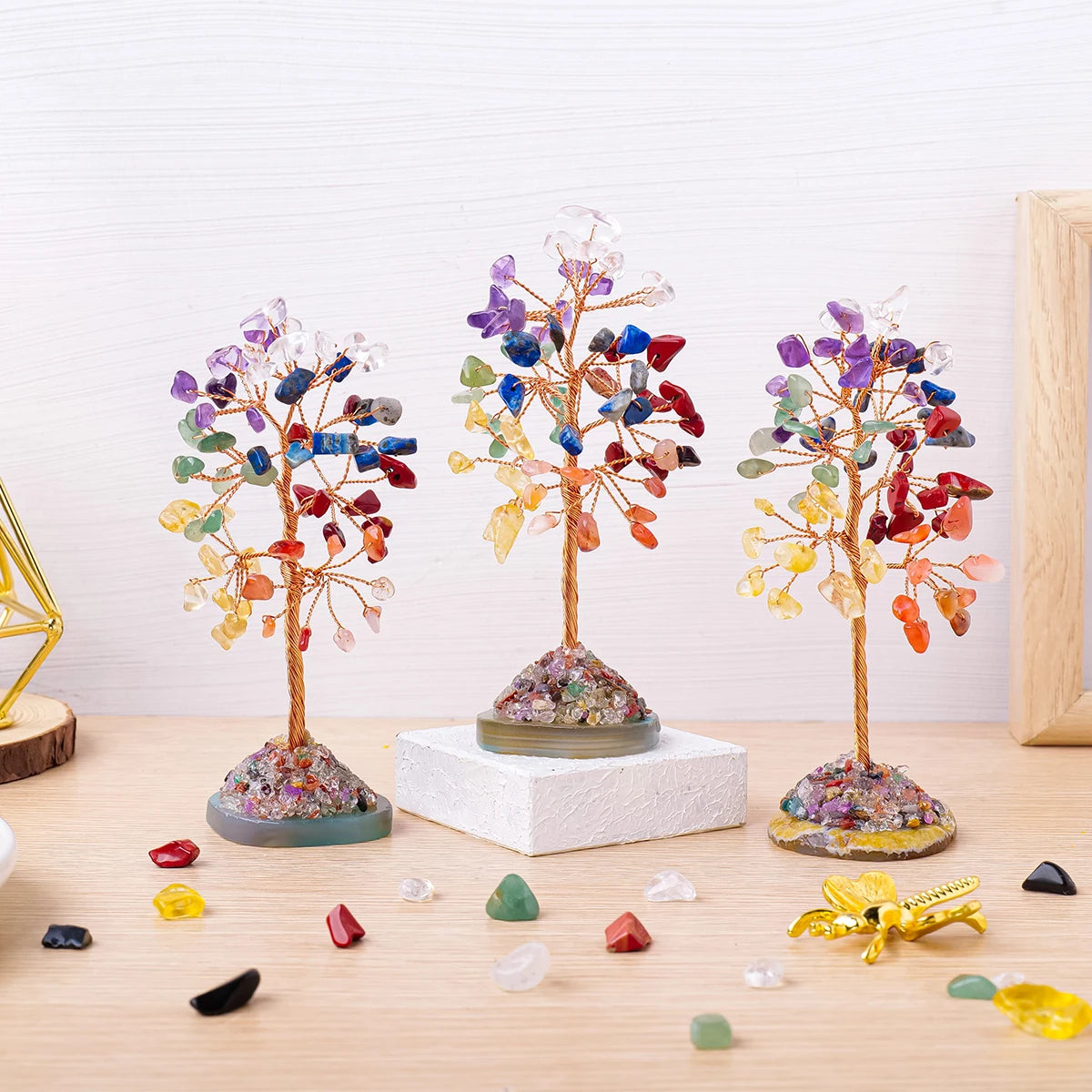 1PC Natural Crystal Lucky Tree Copper Wire Winding Colorful Gravel With Agate Slice Base Home Decoration Money Trees