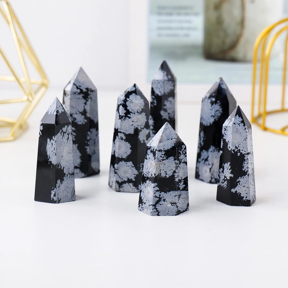 40-60mm Natural Crystal Point Healing Stone Black Snow Obsidian Hexagonal Prisms Obelisk Wand Stone Home Decor 1PC