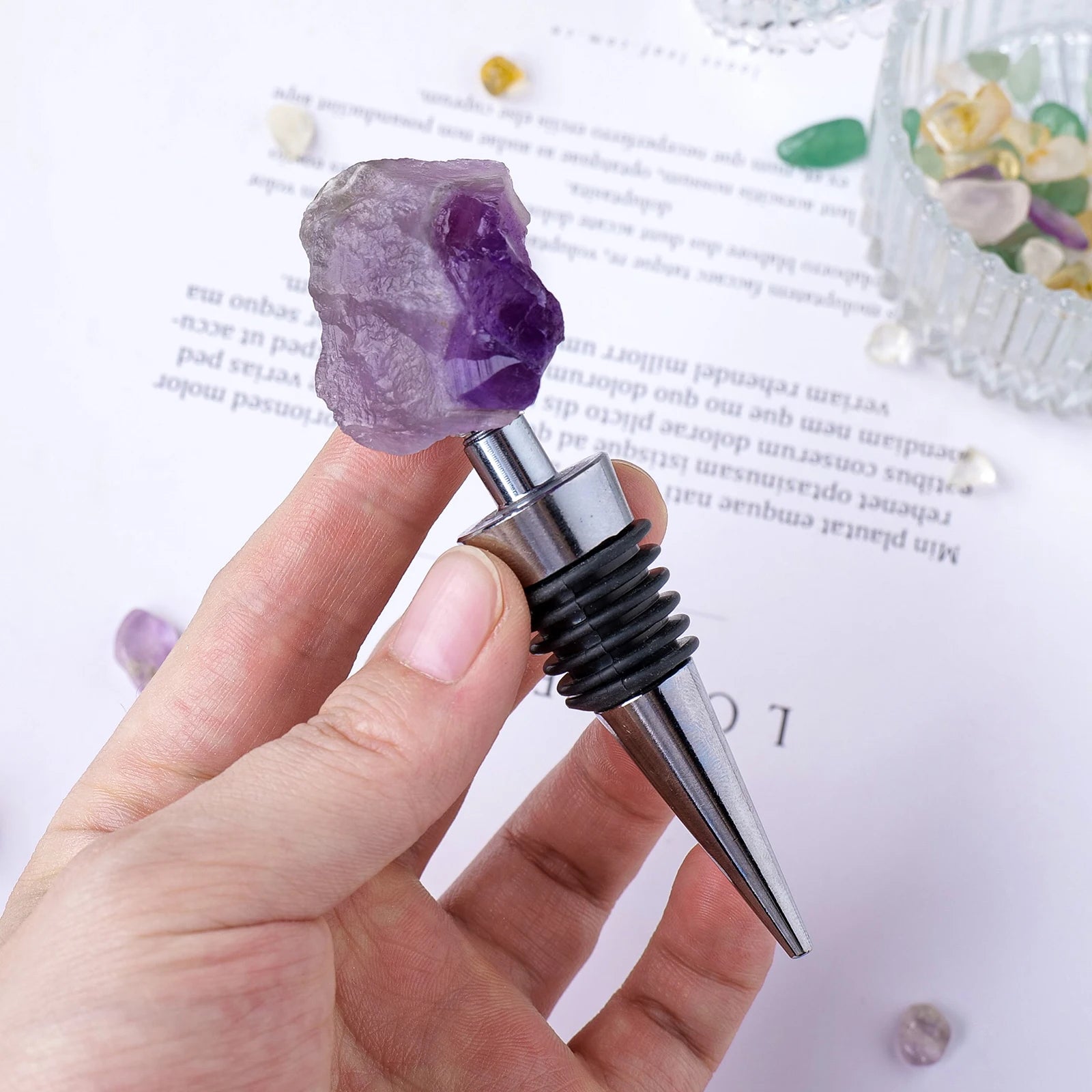 1pc Natural amethyst Rose Quartz Raw Stone Red Wine Stopper Handmade Champagne Bottle Stopper Original Stone Gift