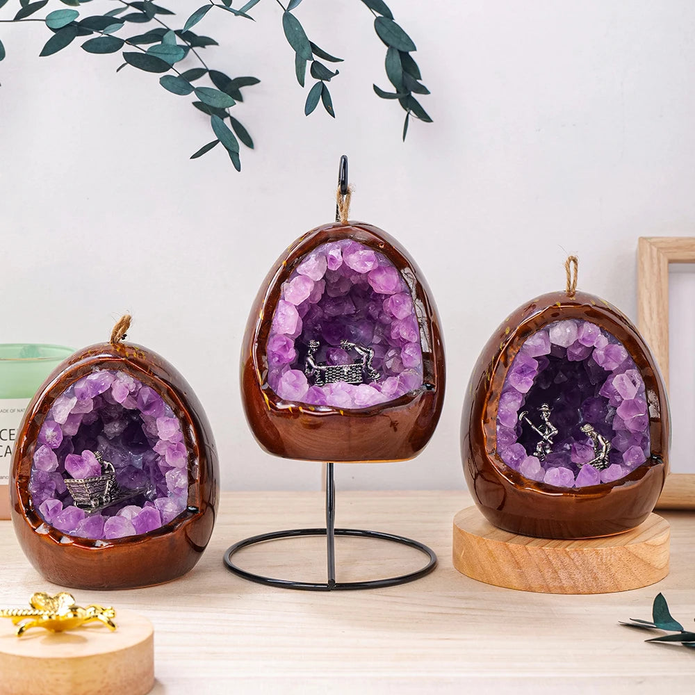 1PC Natural Amethyst Healing Stone Hand Carved Folk Crafts Dinosaur Egg Carving Mine Worker Crystal Lamp