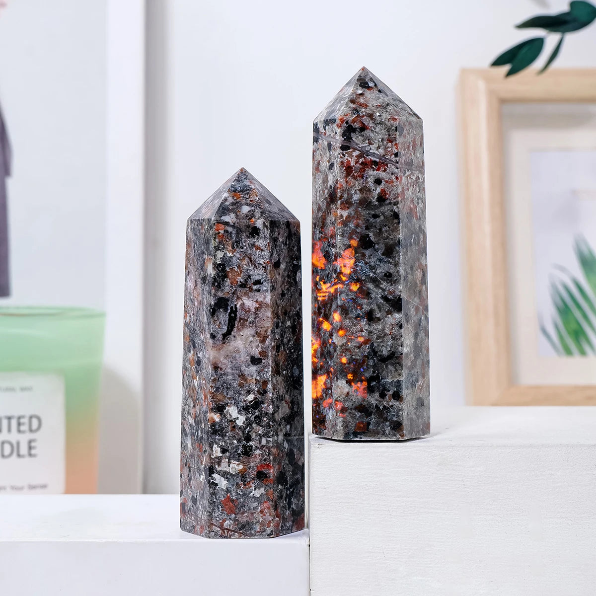 1PC Natural Healing Stones Crystal Yooperlite Flame Stone Point Hexagonal Prisms Healing Tower Wand For Decoration