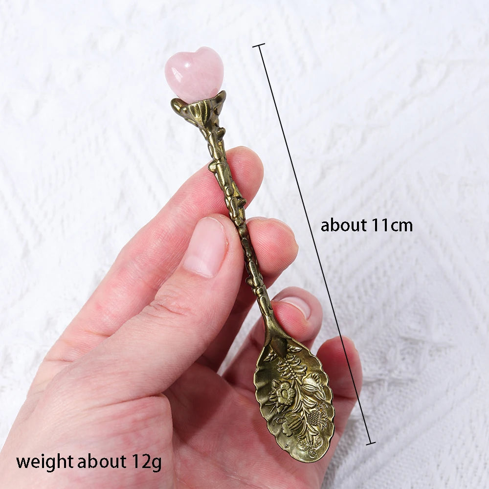 Buyde 1pc Natural Crystal Heart Teaspoon Energy Rose Quartz Kitchen Decoration Dessert Spoon Mother Gift