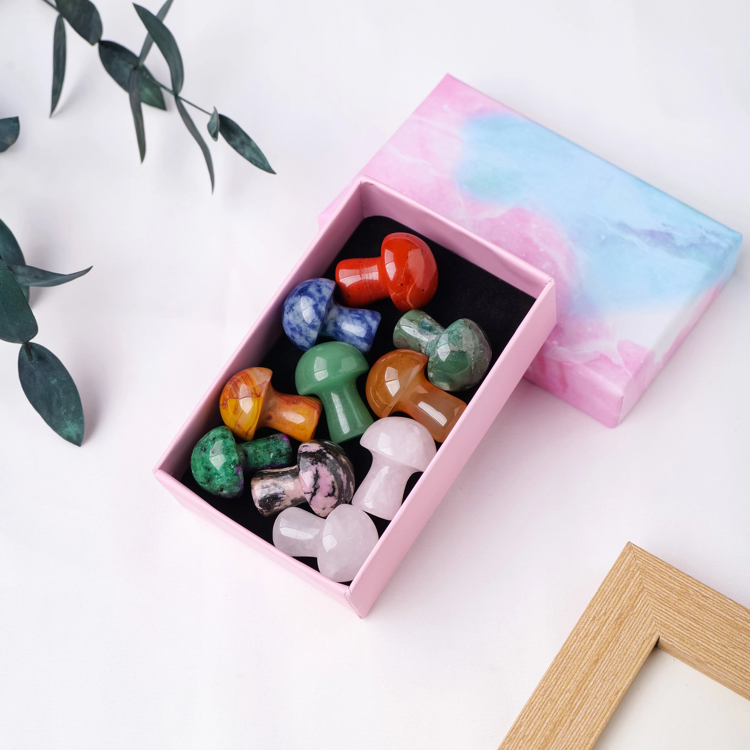 10PCS Natural Crystal Mini mushroom Box Crystal Raw Stone Jade Easter Set Christmas Decorative Gift Box