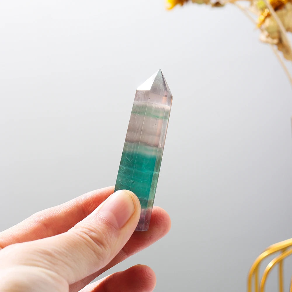 Natural Stone Striped Crystal Fluorite Hand Made Hexagonal Point with Green Fluorite Raw Magic Wand for Desktop Decoration