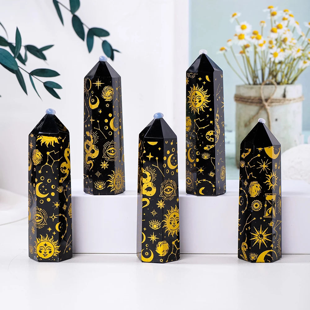 1PC Natural Black Obsidian Tower Chakra Point With Gold Star Moon Pattern Point Wand Healing Stone Energy Home Decor