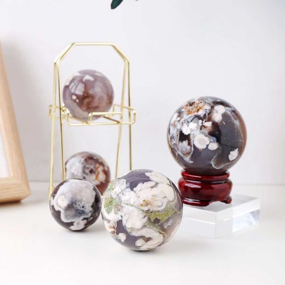 1PC Natural Crystal Stone Black Cherry Blossom Agate Crystal Sphere Energy Ball Home Decoration