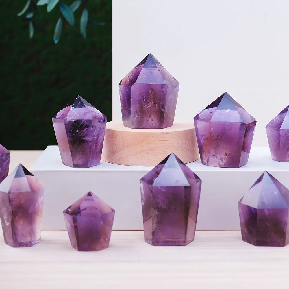 1PC Natural Crystal Stone Purple Quartz Brazil Amethyst Crystal Tower Pyramid Decorations Reiki Healing Meditation Balancing