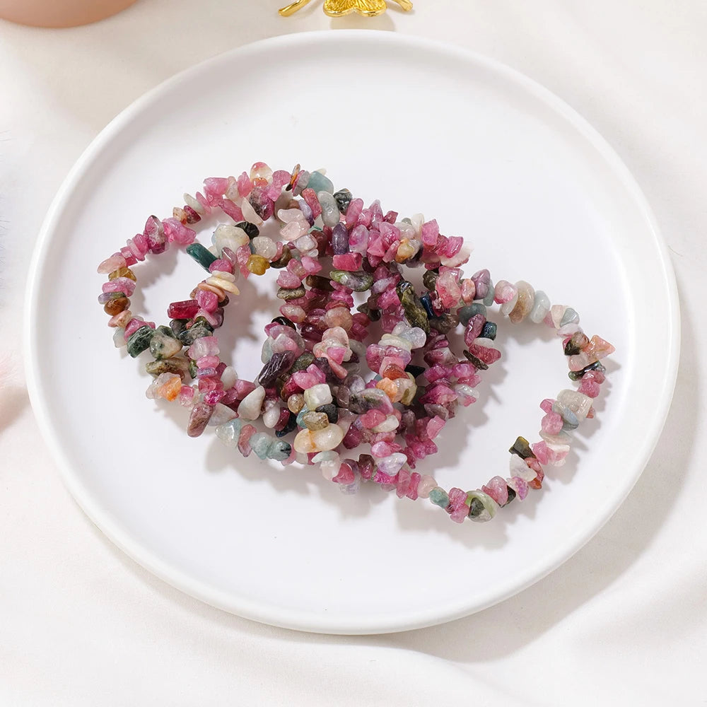 1PC Natural Gem Stone Bracelet Coloured Tourmaline Crystal Stretch Chip beads Nuggets Bracelets Bangles Quartz Wristband