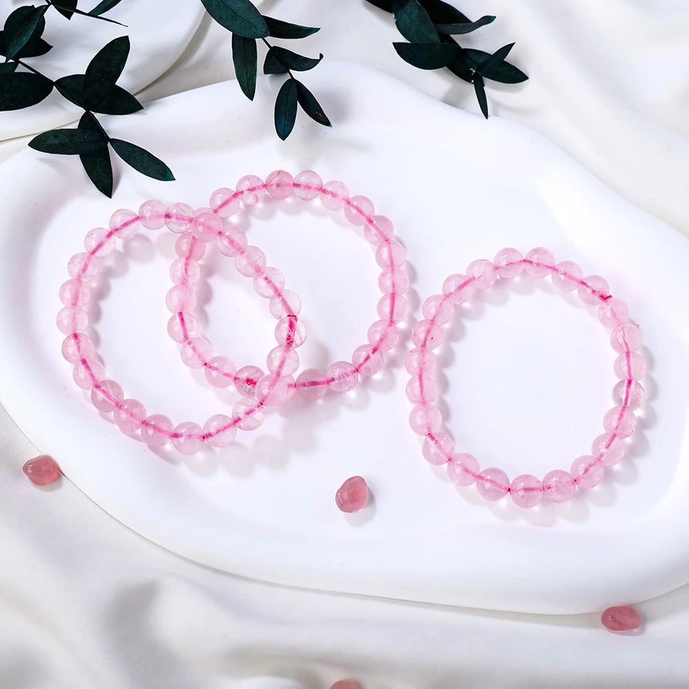 1PC Natural Stone Pink Quartz  Power Crystal Rose Quartz Beaded Bracelets Reiki Healing Energy Strand Bangles Girls Jewelry