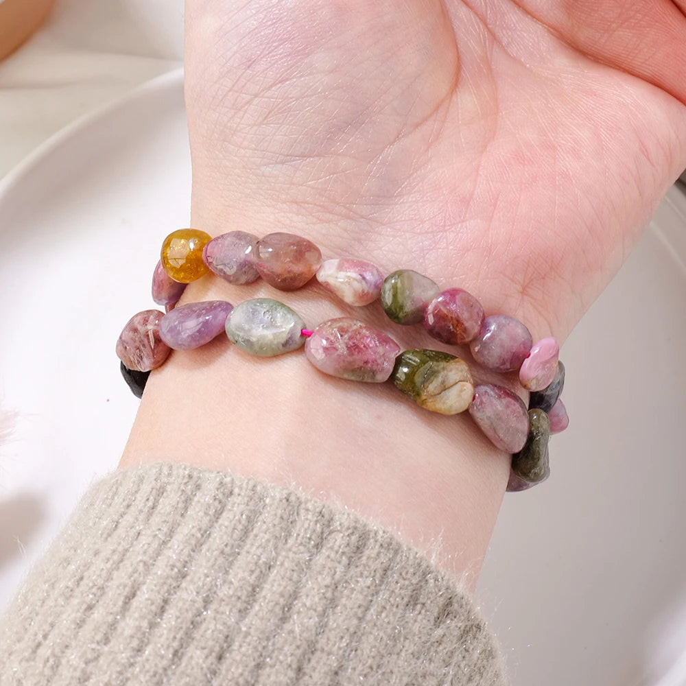 1PC Natural Gemstons Colored tourmaline Crystal Tumble Stone Bracelet Women Fashion Sweet Reiki Healing Energy Strand Bangles